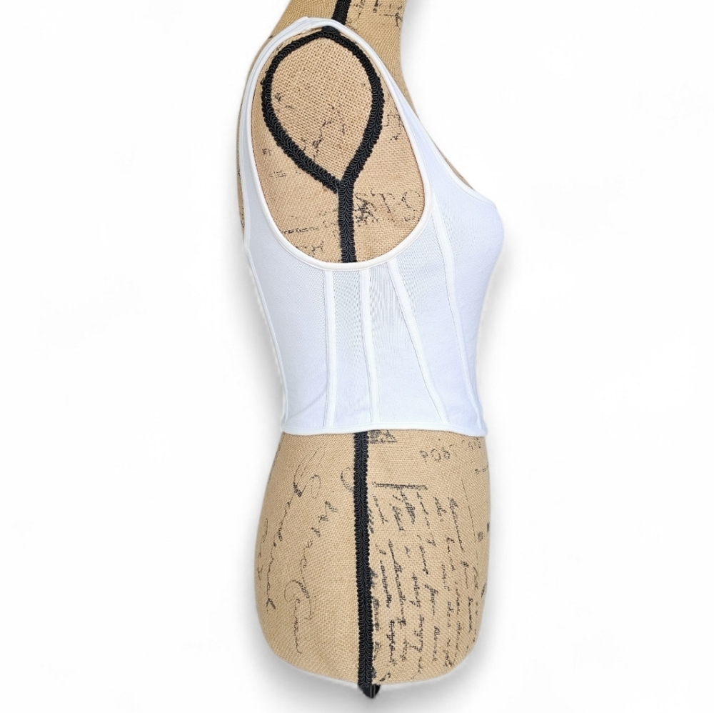 Suzette Collection White Ribbed Coset-Style Tank Top, Size M/L - Picture 3 of 5